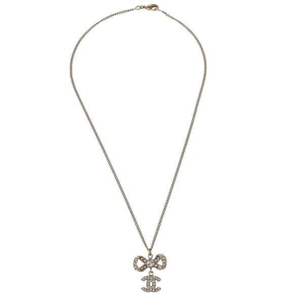 Chanel Gold Chain Pendant Necklace Rhinestone Bow CC - Picture 1 of 6
